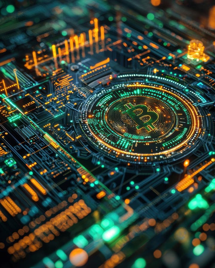 Изучение пересечения схем и криптовалют : Bitcoin на платформах High Tech иллюстрация штока