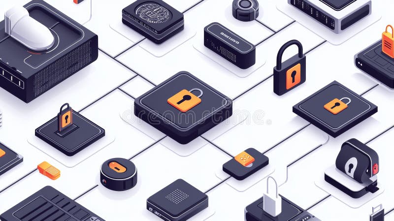 изучение серии инновационных иконок iso design, которые представляют концепцию безопасной будущей цифровой крепости в технологиях бесплатная иллюстрация