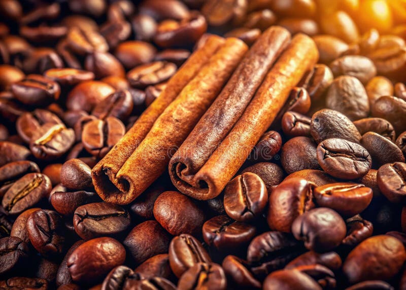 Изысканный ароматический арабика кофейные бобы с Cinnamon CloseUp Feast для чувств иллюстрация вектора