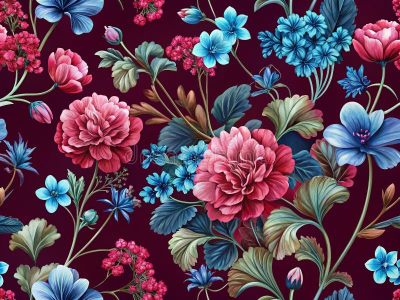 изысканный марун цветочный узор с розовыми geraniums виолы и синяя листва изысканный дизайн для домашнего декора бесплатная иллюстрация