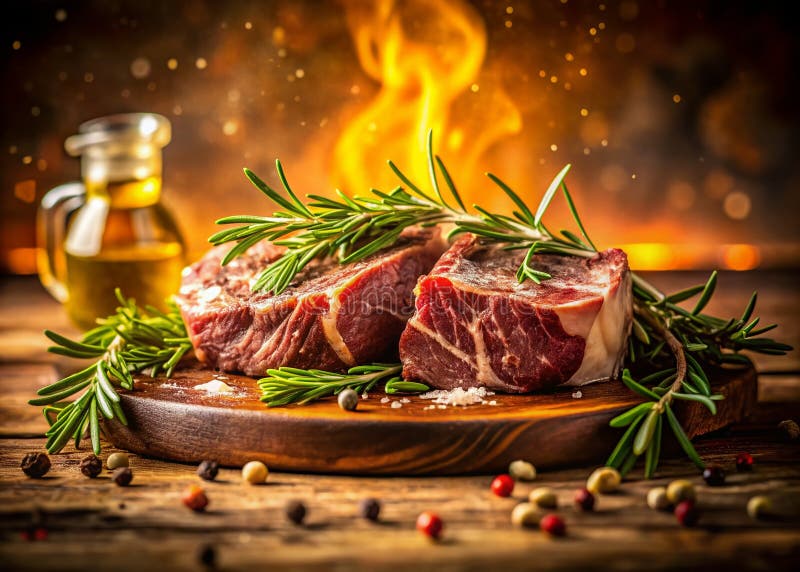 Изысканно обжаренное мясо, красиво украшенное свежим розмарином: кулинарный шедевр, запечатленный на длинной выдержке иллюстрация вектора