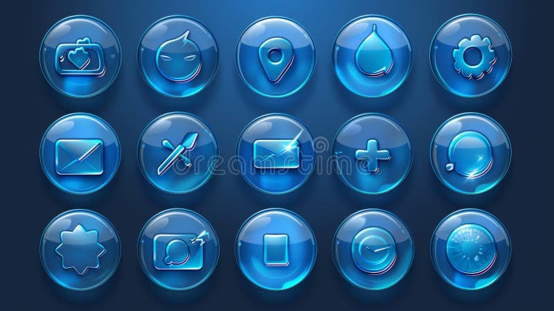 Icons of circle glass for web buttons, arrows, letters, mails, homes, crosses, and check marks. Modern cartoon set of blue web elements for game user interface design.. AI generated. Icons of circle glass for web buttons, arrows, letters, mails, homes, crosses, and check marks. Modern cartoon set of blue web elements for game user interface design.. AI generated