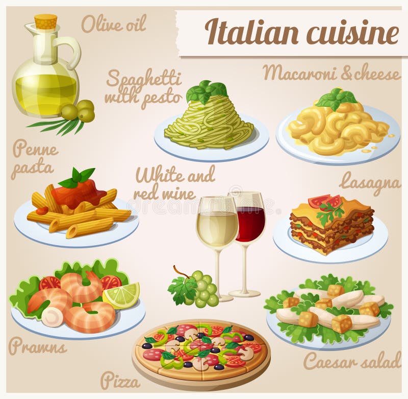 Set of food icons. Italian cuisine. Spaghetti with pesto, lasagna, penne pasta with tomato sauce, pizza, olive oil, macaroni and cheese, red and white wine in glasses, prawns, caesar salad. Set of food icons. Italian cuisine. Spaghetti with pesto, lasagna, penne pasta with tomato sauce, pizza, olive oil, macaroni and cheese, red and white wine in glasses, prawns, caesar salad