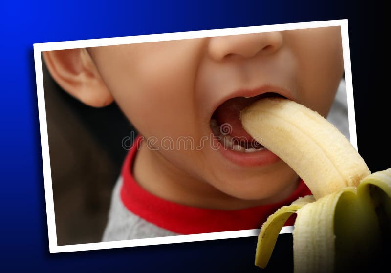 Illusion of a boy inside the photo eating banana from outside. Illusion of a boy inside the photo eating banana from outside.