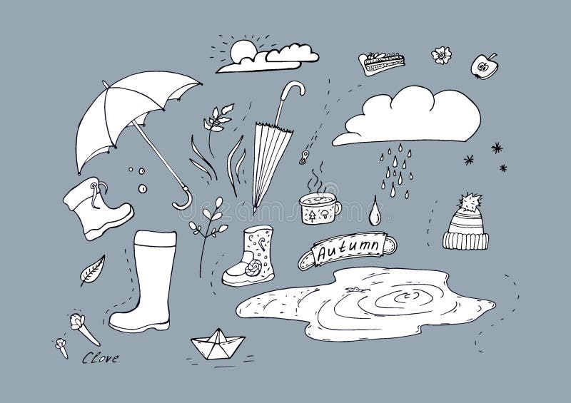 Иллюстрация Doodle осени элементов осени Прогулка осени в дожде иллюстрация штока Иллюстрация Doodle осени элементов осени Прогулка осени в дожде иллюстрация штока