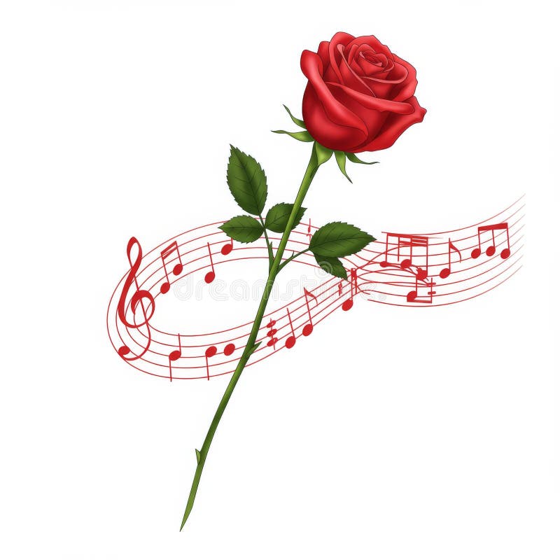 Иллюстрация Single Red Rose с музыкальными заметками иллюстрация вектора
