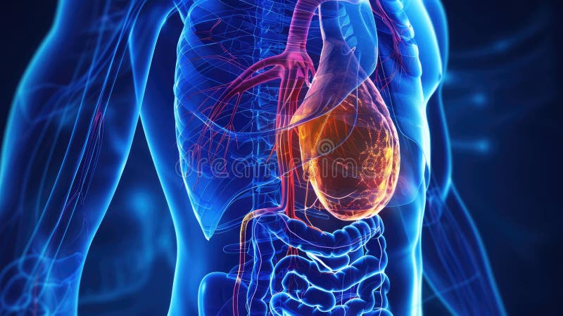 Illustration of gallbladder anatomy and its bile storage and releasing roles with liver. AI generated. Illustration of gallbladder anatomy and its bile storage and releasing roles with liver. AI generated