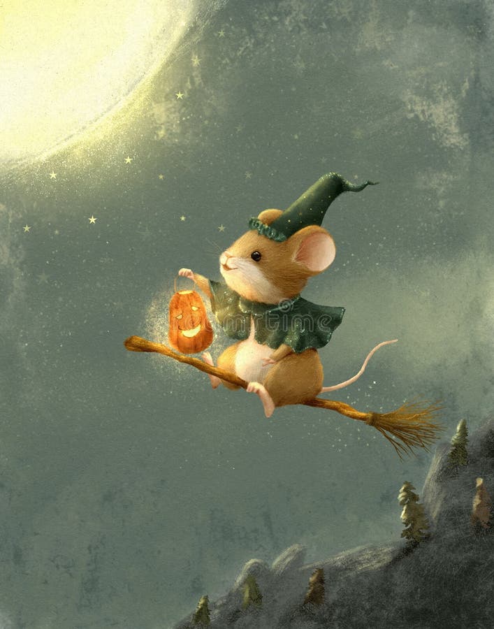 A cute painting of a very cheerful mouse dressed as a witch, flying on a broomstick royalty free illustration