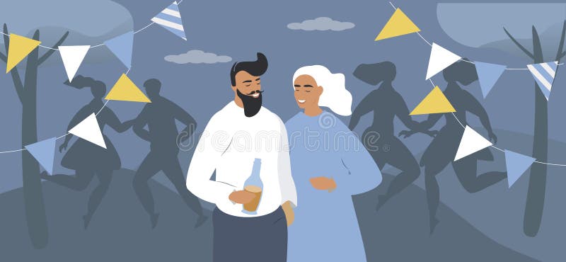 иллюстрация в плоском стиле мужчины и женщины, которые веселятся на вечеринке в парке иллюстрация вектора