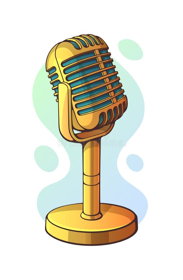 Иллюстрация вектора. Золотой ретро микрофон для голоса музыки sound говорит запись радио. Джаз, блюз дрожат винтажный микрофон. иллюстрация штока