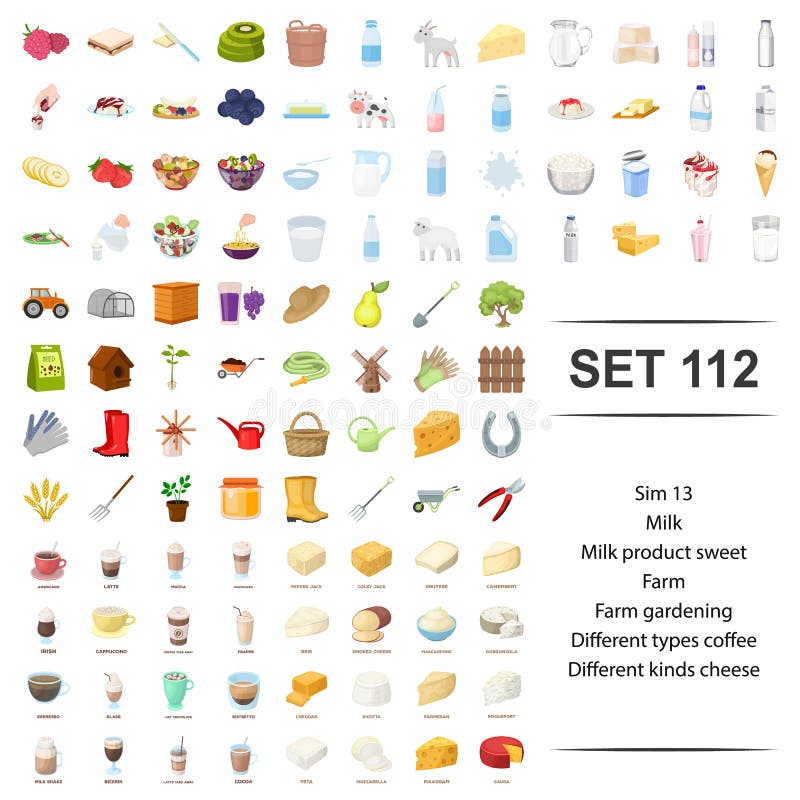Иллюстрация вектора молока, продукта, помадки, фермы садовничая, набора значка сыра различного кофе добросердечного бесплатная иллюстрация Иллюстрация вектора молока, продукта, помадки, фермы садовничая, набора значка сыра различного кофе добросердечного бесплатная иллюстрация