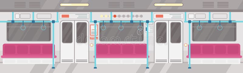 Vector illustration of empty of modern subway interior. City public transport concept, underground tram interior with colorful seats in flat cartoon style. Vector illustration of empty of modern subway interior. City public transport concept, underground tram interior with colorful seats in flat cartoon style