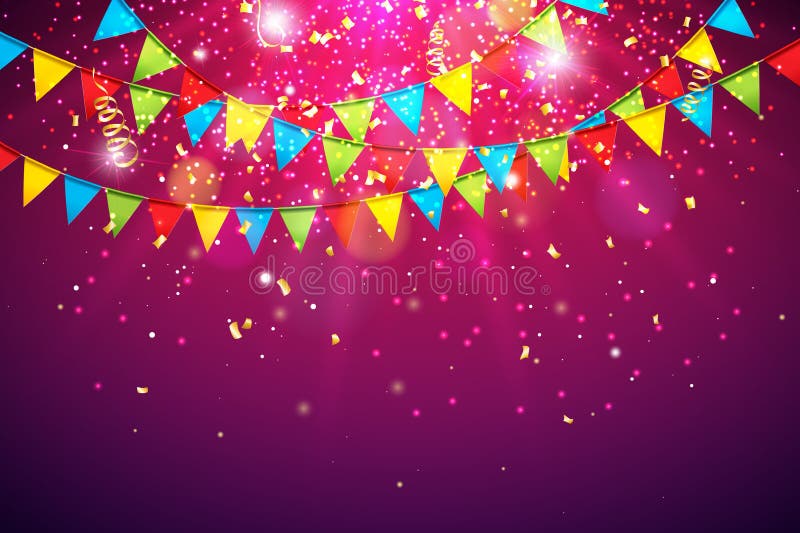 Иллюстрация вектора торжества с красочным флагом партии и падая Confetti на сияющей фиолетовой предпосылке Дизайн праздника бесплатная иллюстрация Иллюстрация вектора торжества с красочным флагом партии и падая Confetti на сияющей фиолетовой предпосылке Дизайн праздника бесплатная иллюстрация