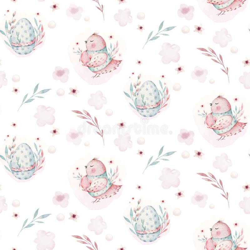 A watercolor spring illustration of the cute easter baby bird and eggs. Egg cartoon animal seamless pink pattern. A watercolor spring illustration of the cute easter baby bird and eggs. Egg cartoon animal seamless pink pattern