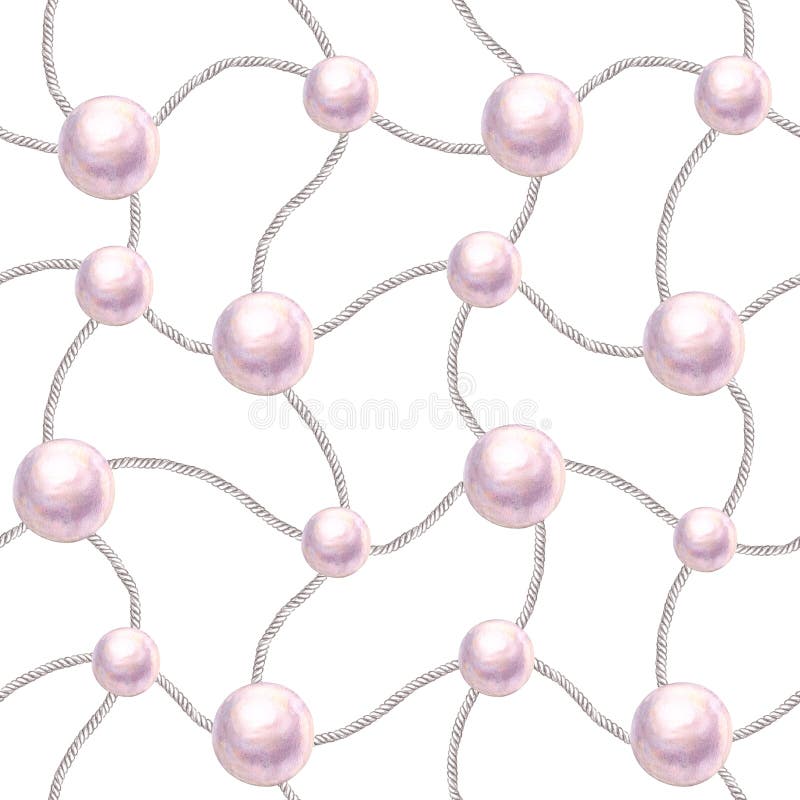 Seamless glamour trendy pattern illustration. Watercolor hand drawn fashion texture with rope chains, white pearls on white background. Print for textile, fabric, wallpaper, wrapping. Seamless glamour trendy pattern illustration. Watercolor hand drawn fashion texture with rope chains, white pearls on white background. Print for textile, fabric, wallpaper, wrapping