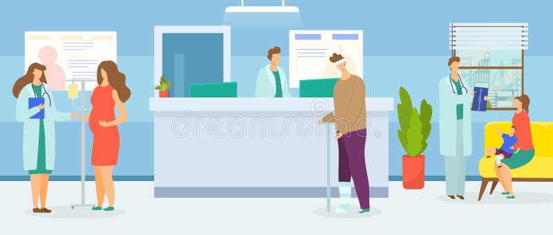 иллюстрация клиники и госпиталя. больной персонаж ждет мед. поддержки разговор беременной женщины бесплатная иллюстрация