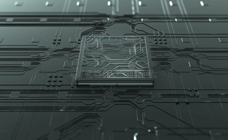 Иллюстрация компьютера 3d суммы Cpu процессора материнской платы. Технология высокотехнологичного и поступает в цифровом пространс иллюстрация вектора