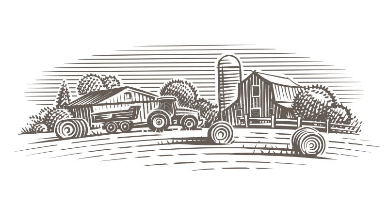 Illustration of farm, rural landscape. Vector. Hand drawn. Engraving style. Illustration of farm, rural landscape. Vector. Hand drawn. Engraving style.