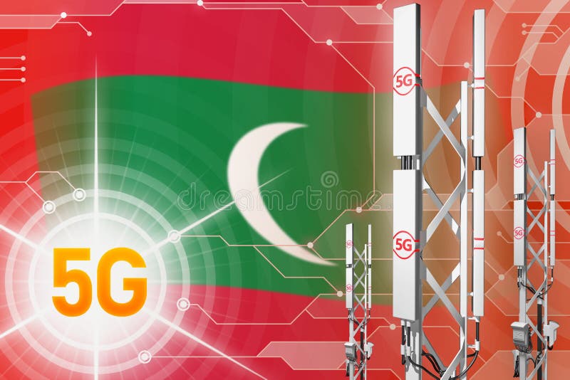 Иллюстрация Мальдивов 5G промышленная, огромный клетчатый рангоут сети или башня на современной предпосылке с флагом - иллюстраци иллюстрация штока