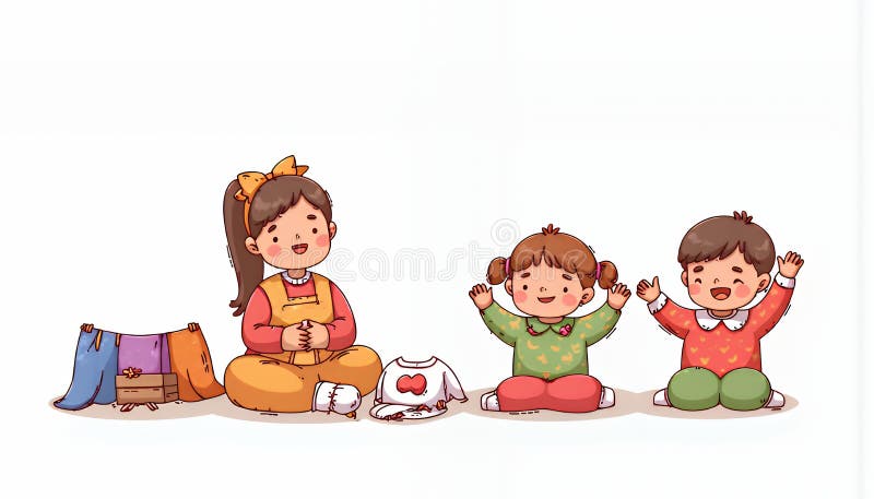Иллюстрация мультфильма 'Счастливые дети играют вместе' в красочном хиби иллюстрация вектора