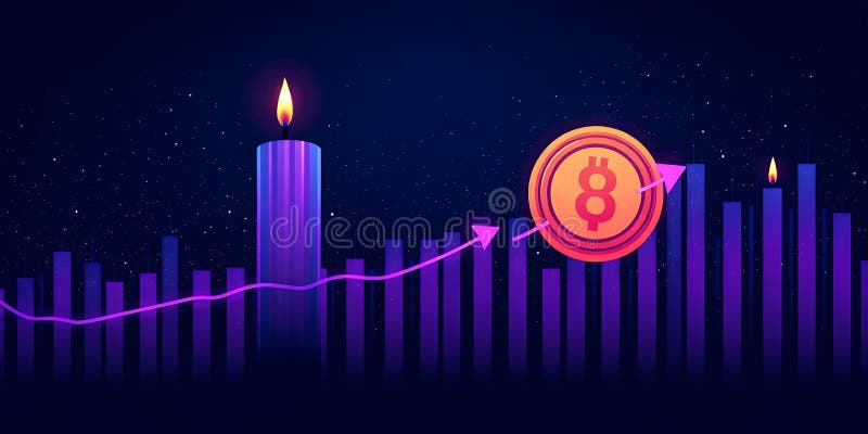 Иллюстрация роста биткоина со свечами на графике и криптовалютой монетой на темном фоне иллюстрация вектора