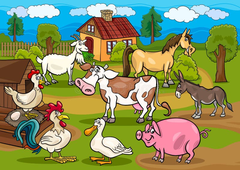 Cartoon Illustration of Rural Scene with Farm Animals Livestock Big Group. Cartoon Illustration of Rural Scene with Farm Animals Livestock Big Group