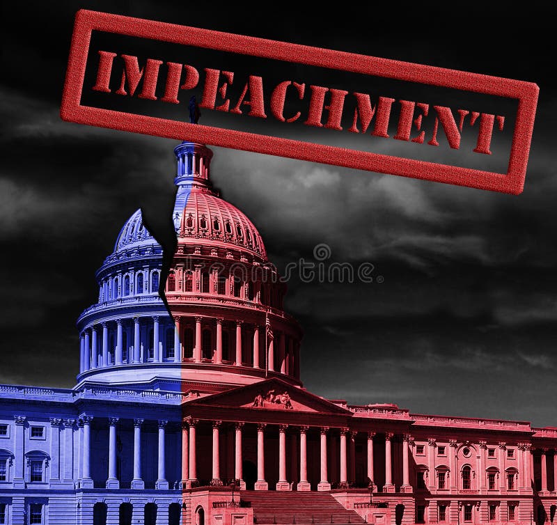 The United States capitol building half red and blue, with Impeachment stamp text, representing Democrat and Republican political division. The United States capitol building half red and blue, with Impeachment stamp text, representing Democrat and Republican political division