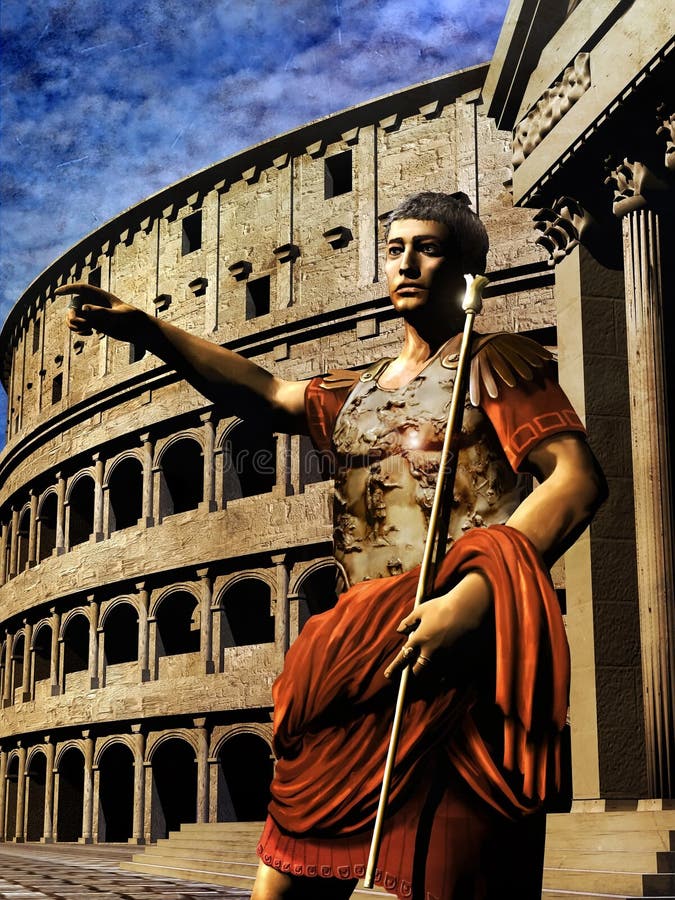 A roman emperor, based on the statue of the emperor Augustus of Prima Porta, close to the coliseum and other roman monuments. Low vintage background. A roman emperor, based on the statue of the emperor Augustus of Prima Porta, close to the coliseum and other roman monuments. Low vintage background.