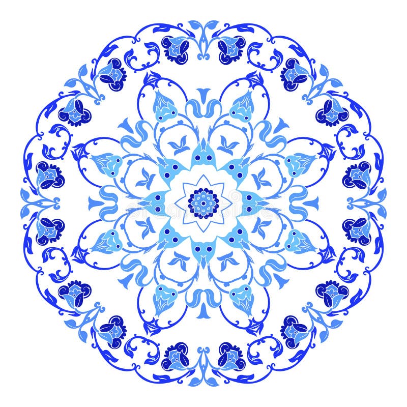 Индийский круглый орнамент, kaleidoscopic цветочный узор, мандала Дизайн сделанный в русских стиле и цветах gzhel иллюстрация штока Индийский круглый орнамент, kaleidoscopic цветочный узор, мандала Дизайн сделанный в русских стиле и цветах gzhel иллюстрация штока