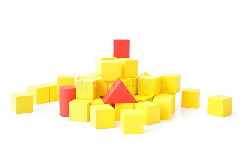 Single red blocks in a pile of yellow ones. All isolated on white background. Single red blocks in a pile of yellow ones. All isolated on white background.