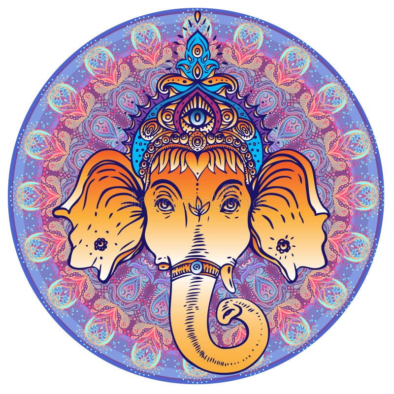 Индусский лорд Ganesha над богато украшенной красочной мандалой Illustra вектора иллюстрация штока