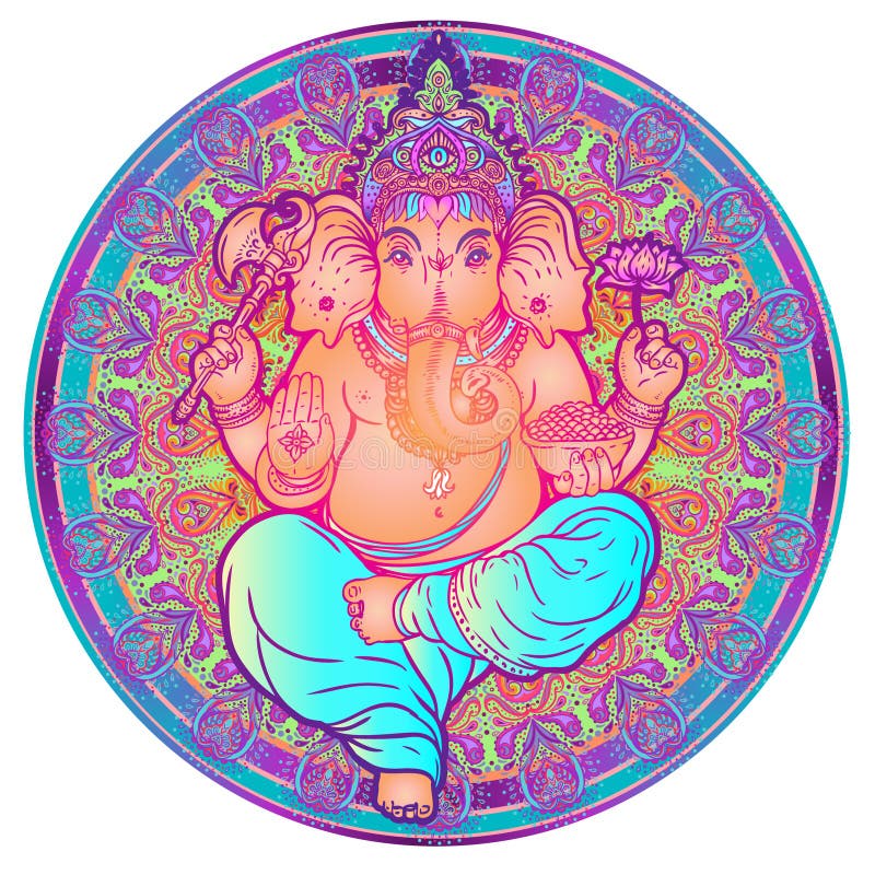 Индусский лорд Ganesha над богато украшенной красочной мандалой Illustra вектора иллюстрация вектора