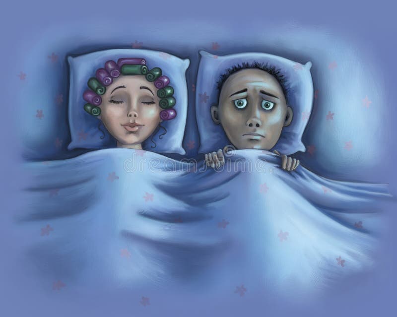 Insomnia raster illustration. A husband cannot fall asleep while his wife is sleeping soundly. Insomnia raster illustration. A husband cannot fall asleep while his wife is sleeping soundly.