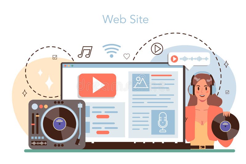 интерактивная служба или платформа dj. человек, стоящий у микшера с поворотным столом иллюстрация штока