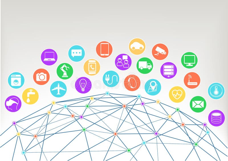 Интернет предпосылки иллюстрации вещей (Iot) Значки/символы для различных соединенных приборов иллюстрация штока Интернет предпосылки иллюстрации вещей (Iot) Значки/символы для различных соединенных приборов иллюстрация штока