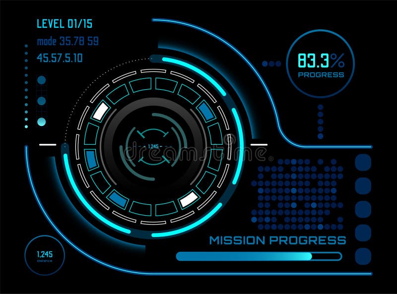 Интерфейс HUD с светящимися неоновыми элементами, отображающими информацию об уровне выполнения миссии иллюстрация вектора