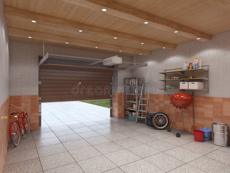 Garage interior with open door, 3d illustration. Garage interior with open door, 3d illustration