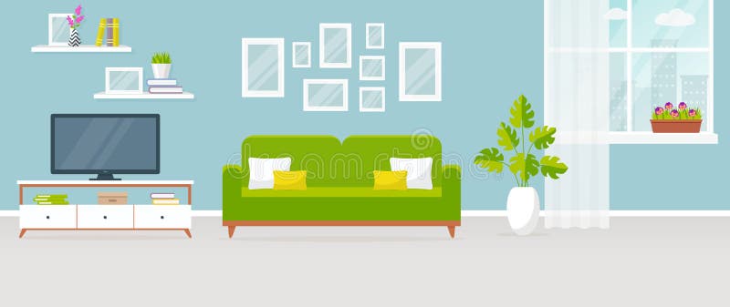 Interior of the living room. Vector banner. Design of a cozy room with sofa, TV stand, window and decor accessories. Interior of the living room. Vector banner. Design of a cozy room with sofa, TV stand, window and decor accessories.