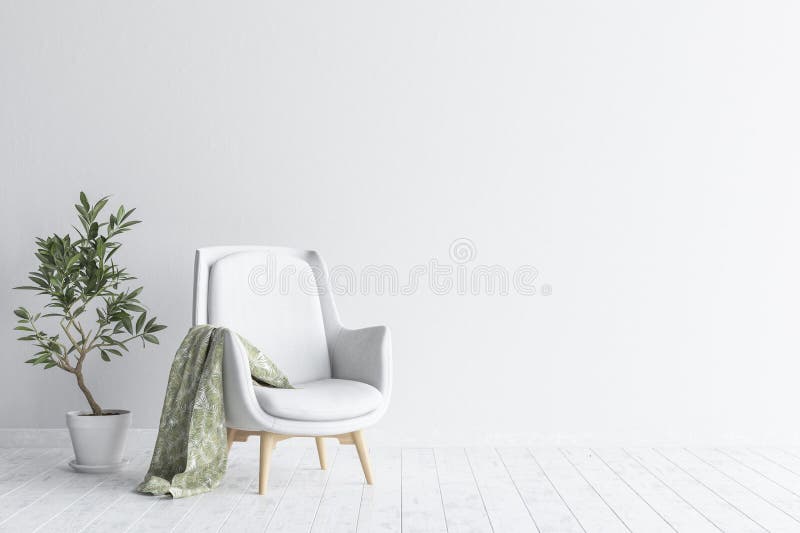 Living room interior with white sofa and flower, white wall mock up background, 3D render. Living room interior with white sofa and flower, white wall mock up background, 3D render