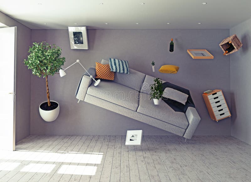 Zero-gravity interior. 3d creative concept. Zero-gravity interior. 3d creative concept
