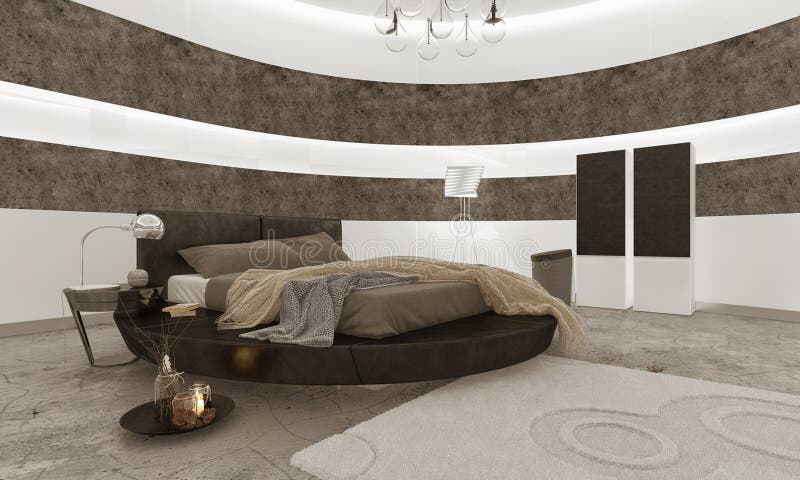 Интерьер спальни с черной королевской кроватью иллюстрация вектора