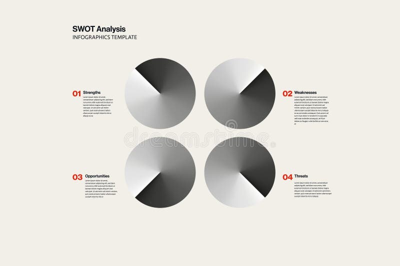 Инфографика SWOT Analysis и шаблон представления с трехмерными кругами. Представление отчета. Минимальный вектор проектирования. иллюстрация штока