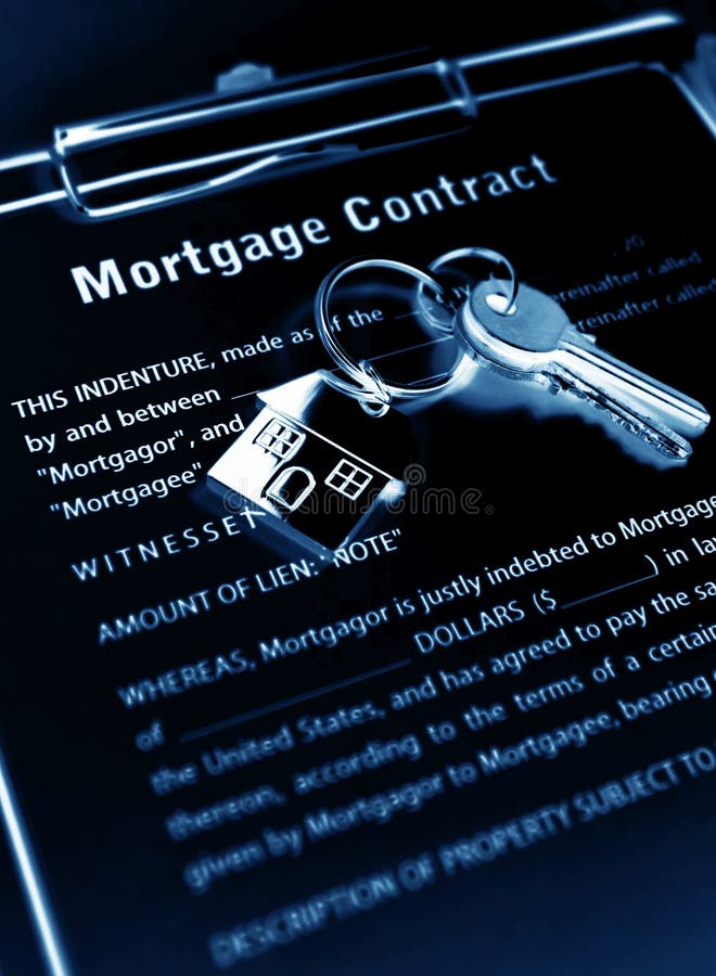 Mortgage contract with keys under blue light. Mortgage contract with keys under blue light