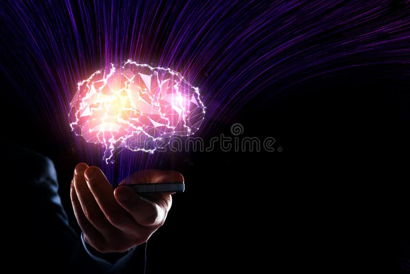 Hand holding smartphone with glowing polygonal brain on dark background. Artificial intelligence concept. 3D Rendering. Hand holding smartphone with glowing polygonal brain on dark background. Artificial intelligence concept. 3D Rendering