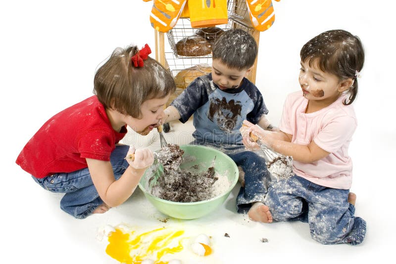 Three adorable toddlers (2, 3 and 4) stirring cake mix. Covered in chocolate batter, flour and eggs. Shot in studio over white. Three adorable toddlers (2, 3 and 4) stirring cake mix. Covered in chocolate batter, flour and eggs. Shot in studio over white.