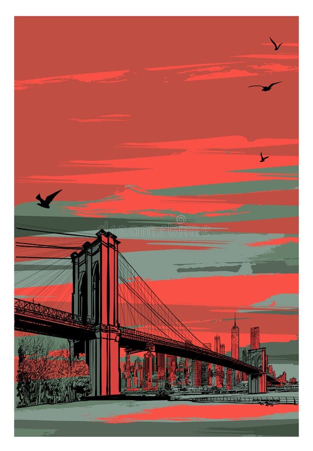 Historic Brooklyn Bridge and lower Manhattan - vector illustration Ideal for printing on fabric or paper, poster or wallpaper, house decoration. Historic Brooklyn Bridge and lower Manhattan - vector illustration Ideal for printing on fabric or paper, poster or wallpaper, house decoration