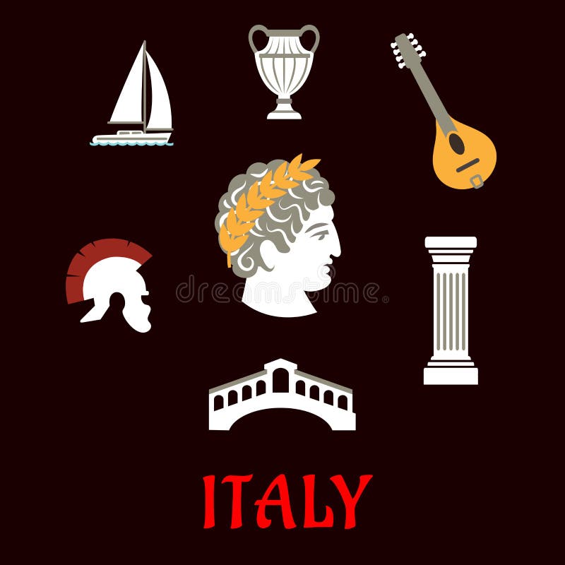 Italian culture and travel flat icons with Caesar in wreath, roman helmet, venice bridge, ancient vase, mandolin, doric column and sailboat. Italian culture and travel flat icons with Caesar in wreath, roman helmet, venice bridge, ancient vase, mandolin, doric column and sailboat