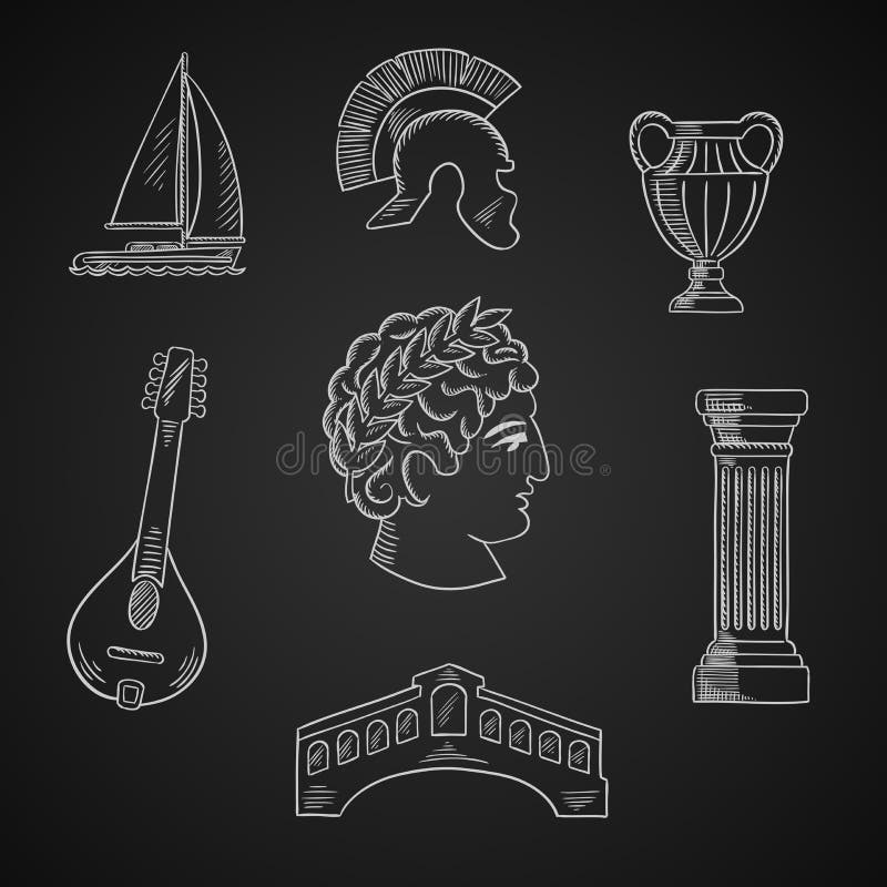 Italian culture and travel icons with Caesar in wreath, roman helmet and venice bridge, ancient vase and mandolin, doric column and sailboat. Italian culture and travel icons with Caesar in wreath, roman helmet and venice bridge, ancient vase and mandolin, doric column and sailboat