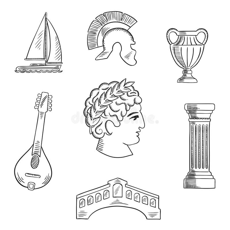 Italian culture, history and travel sketched icons with Caesar in wreath, roman helmet and venice bridge, ancient vase and mandolin, doric column and sailboat. Sketch style. Italian culture, history and travel sketched icons with Caesar in wreath, roman helmet and venice bridge, ancient vase and mandolin, doric column and sailboat. Sketch style