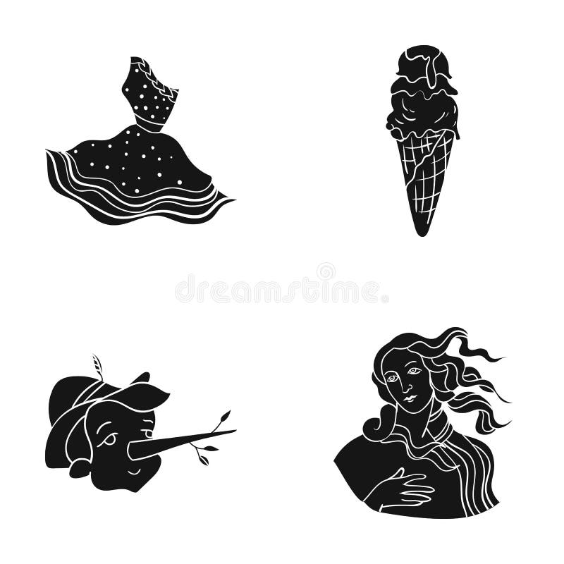 Итальянское платье, gelato, pinocchio, богиня влюбленности Значки собрания Италии установленные в черном стиле vector запас симво иллюстрация штока Итальянское платье, gelato, pinocchio, богиня влюбленности Значки собрания Италии установленные в черном стиле vector запас симво иллюстрация штока